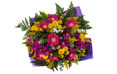 Top view Colorful spring flower bouquet isolated on transparent