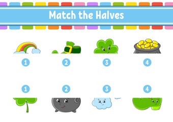 Obraz premium Match the halves. Education developing worksheet. Matching game for kids. Color activity page. Riddle for children. Cute character. Vector illustration.