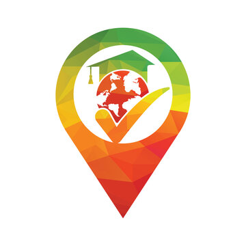 Education world vector logo template with globe and student hat symbol.	
