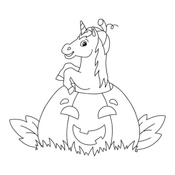 Funny unicorn jumping out of a pumpkin for halloween holiday. Coloring book page for kids. Cartoon style character. Vector illustration isolated on white background.