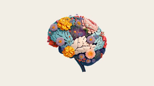 World mental health day concept. Brain symbol and flowers on a yellow background