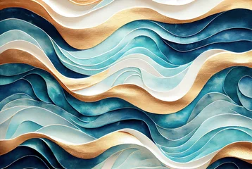 Gordijnen Sea waves pattern abstract background, blue and gold volumetric waves texture, imitation of watercolor painting created with Generative AI technology © nevodka.com