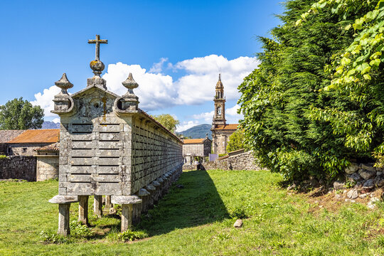 The long and narrow grain store, horreo at Carnota in Galicia, Spain.
