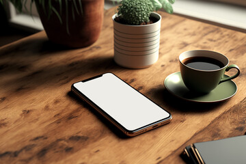 Mockup de téléphone portable posé sur un bureau en bois, écran vide blanc, tasse café, plante, intérieur fenêtre (AI) - obrazy, fototapety, plakaty