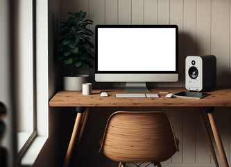 Mockup d'un ordinateur posé sur un bureau en bois avec souris tablette enceinte et clavier. Intérieur moderne et design. Écran vide blanc pour site internet. Graphiste web designer (AI)