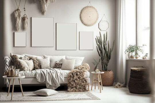 Mockup affiche dans un salon design minimaliste tendance scandinave boh&egrave;me cosy, mur avec cadres blancs  vides, plante, plaid (AI)
