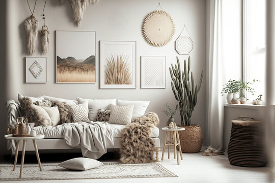 Salon design inspiration tendance minimaliste scandinave bohème cosy, mur avec cadres, plante, plaid, coussins (AI)
