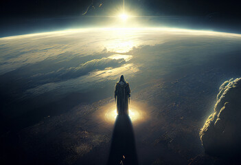 God looks at earth from sky. Godless people watching our world..