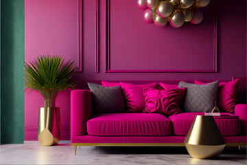 Luxury and modern living room interior, comfortable sofa, Luxury lounge or reception, fuchsia pink - obrazy, fototapety, plakaty