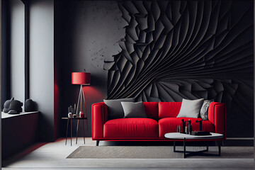 Luxury and modern living room interior, comfortable sofa,. Luxury lounge or reception, Dark grey, black, red and navy