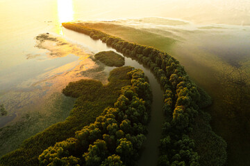 Sunrise in Danube Delta. Aerial view during a beautiful summer sunrise in Danube Delta landmark...
