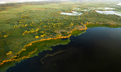 Sunrise in Danube Delta. Aerial view during a beautiful summer sunrise in Danube Delta landmark from Romania.