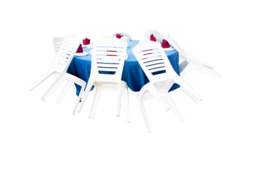 Plastic dining tables, white plastic chairs and a blue tablecloth in an empty street cafe. It was set up for a hotel dinner. was prepared to come up in an orderly manner. Isolated on cutout PNG.