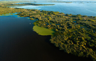 Danube Delta from above. Panoramic aerial view with the amazing Danube Delta landmark from Romania,...