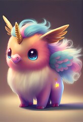 illustration of rainbow fantasy pig with a wing, generative ai, mythology baby unicorn
