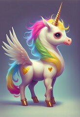 illustration of rainbow fantasy unicorn with a wing, generative ai, mythology baby unicorn