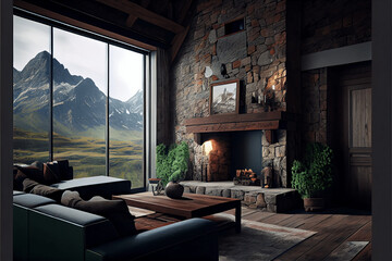 Luxury and modern living room interior, comfortable leather sofa, Luxury lounge, stone wall and fireplace, mountain view, log cabin interior - obrazy, fototapety, plakaty