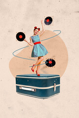 Creative poster collage of active excited energetic young lady retro vintage clothes vinyl recorder...