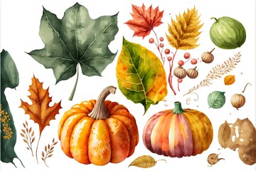 Set of colorful autumn leaves and pumpkins. watercolor generative ai created art and collection