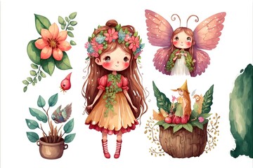 Set of colorful cute garden fairy. Beautiful fairy elements. generative  ai draw fairy, costume, mystery, happy, painted