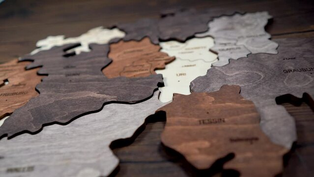 Elegant Wooden Swiss Map Wall Decor. Close Up. Switzerland
