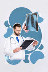Vertical collage picture of professional doctor white coat read clipboard paper examine x-ray lungs...
