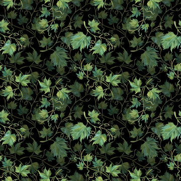 seamless pattern with watercolor grape leaves HAND DRAWN ON BLACK BACKGROUND