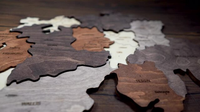 Elegant Wooden Swiss Map Wall Decor. Close Up. Switzerland