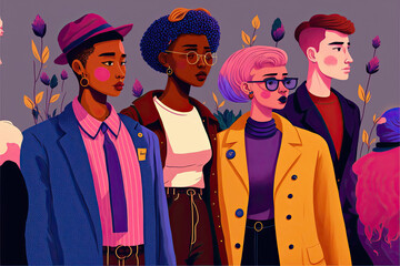 Group of organic flat non-binary people, illustration. Generative AI