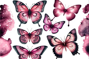 Set of pink flying butterflies. generative ai, Beautiful watercolor Set 