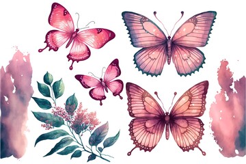 Set of pink flying butterflies. generative ai, Beautiful watercolor Set 