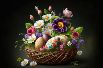 Fototapeta na wymiar Easter basket with painted eggs and flowers. Easter holiday. Generative AI