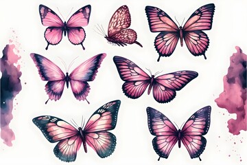 Fototapeta na wymiar ピンクの飛ぶ蝶のセット。 generative ai、美しい水彩セット