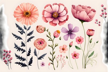 Set of pink garden flowers, Beautiful floral elements,  generative ai