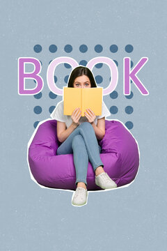 Creative abstract template collage of young woman sitting purple beanbag cover face book reader interesting novel sale shopping advert