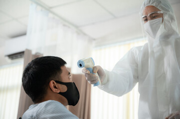 coronavirus disease medical health, care concept, doctor and nurse person wearing face mask and protection suit at hospital, covid-19 health care medicine and flu epidemic pandemic infection clinic