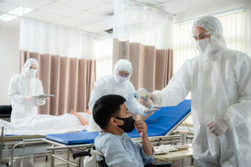 Fototapeta premium coronavirus disease medical health, care concept, doctor and nurse person wearing face mask and protection suit at hospital, covid-19 health care medicine and flu epidemic pandemic infection clinic