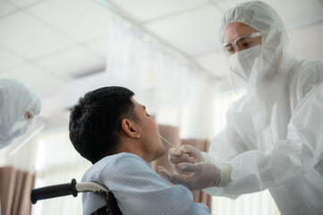 Fototapeta premium coronavirus disease medical health, care concept, doctor and nurse person wearing face mask and protection suit at hospital, covid-19 health care medicine and flu epidemic pandemic infection clinic