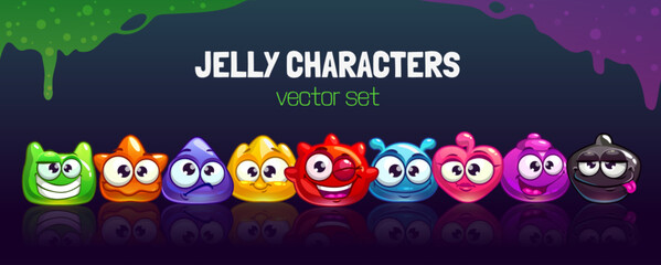 Funny colorful cartoon jelly characters set. Game assets