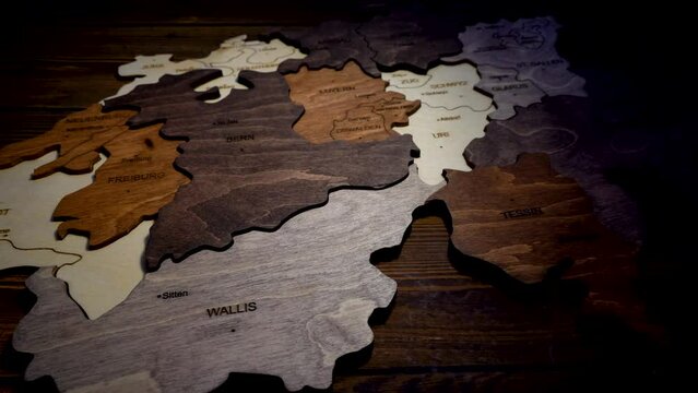 Elegant Wooden Swiss Map Wall Decor. Close Up. Switzerland