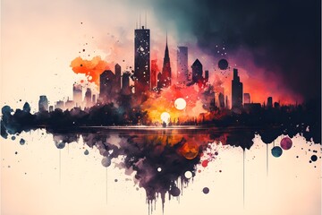 urban city skyline, watercolor night city street, generative ai art , tower, skyscraper, metropolis
