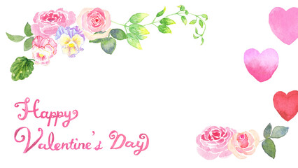 バラやパンジーのブーケで飾られたロマンチックな水彩画のバレンタイン用アイキャッチ/バナー