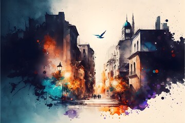 Watercolor painting of the Europe city, generative ai, illustration, background, watercolor, texture, art, architecture