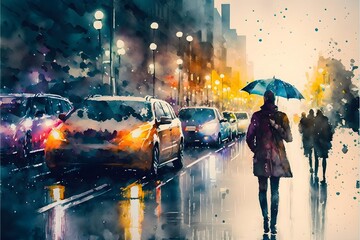 A man walking in rainy day in the city, watercolor, many car in street. generative ai, illustration tourist, modern, street, colored