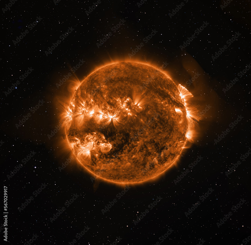 Fototapete Our star with magnetic storms. Plasma flash on the surface of a our star with lot of stars 