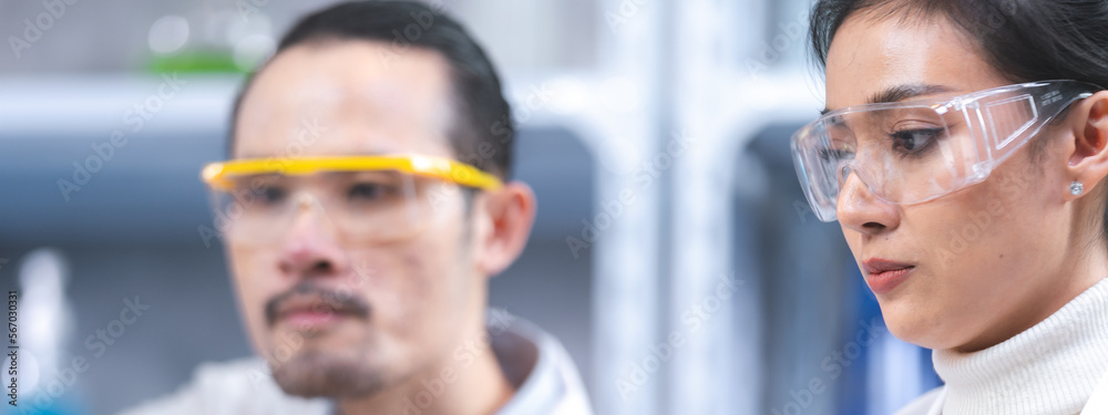 Sticker Pharmaceutical factory woman worker in protective clothing operating production line in sterile environment, scientist with glasses and gloves checking hemp plants in a marijuana farm