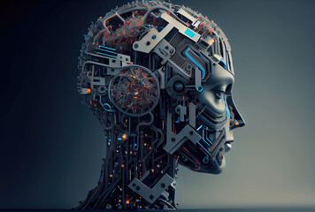 Mechanical system of brain in the robot humanoid is powered by artificial intelligence processing system. Business and medical health concept. Generative AI