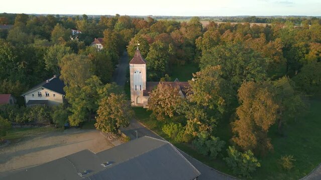 german House of God, Village Paretz Brandenburg. Lovely aerial view flight drone