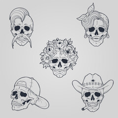 Hand drawn skull character set. Head wreath, cowboy, punk, mustache, headscarf, baseball cap. Tattoo design. Funny cartoon. Line art, outline, sketch, isolated. Vector illustration.