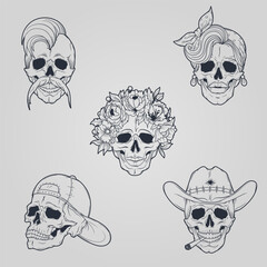 Fototapeta premium Hand drawn skull character set. Head wreath, cowboy, punk, mustache, headscarf, baseball cap. Tattoo design. Funny cartoon. Line art, outline, sketch, isolated. Vector illustration.